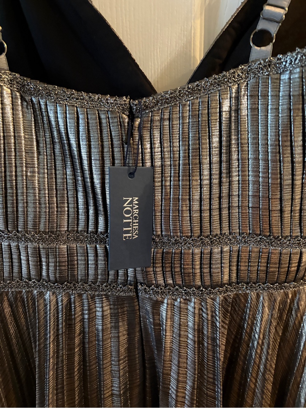 Metallic Silver Pleated Evening Dress with Spaghetti Straps - Picture 5 of 7